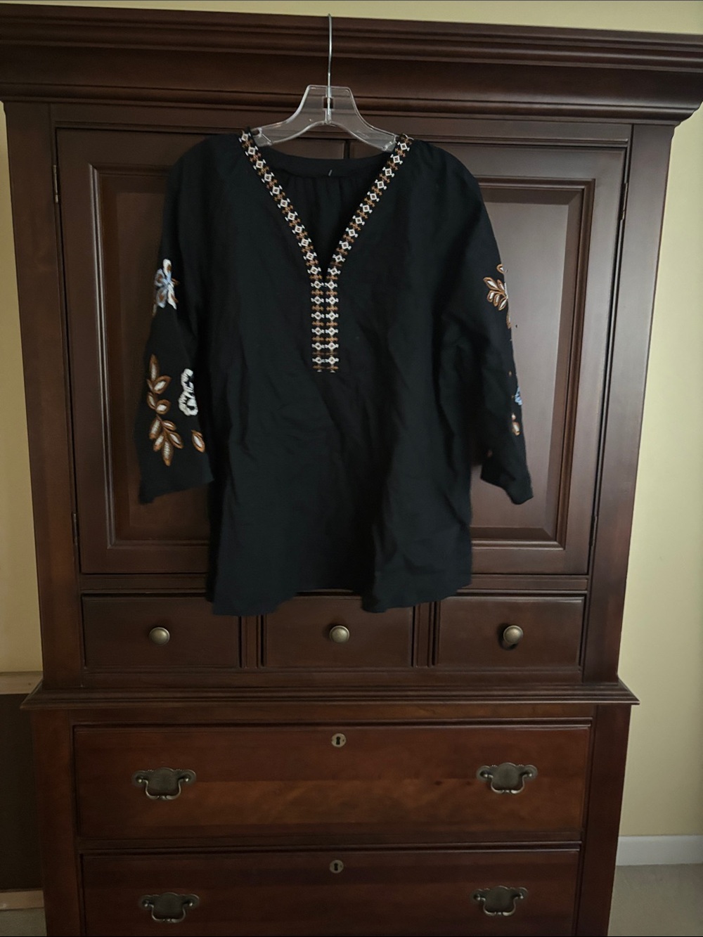 Large Linen feel black embroidered peasant top.